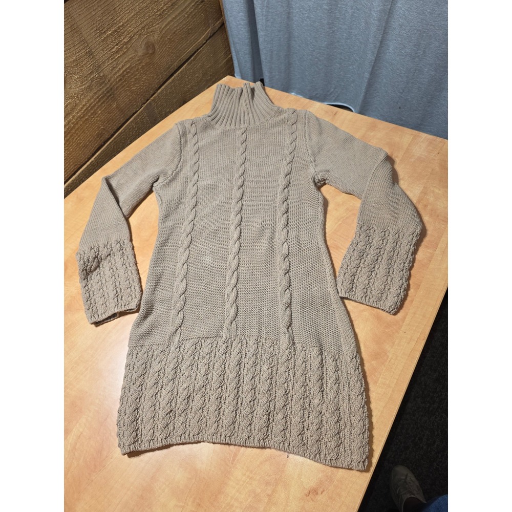 Willow Taupe Tan Cable Knit Turtleneck Sweater Dress 100% Cotton Mini